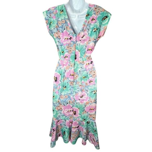 Vintage Avon Teal Pink Floral V Back Midi Dress With Mermaid Ruffle Bottom Hem - Picture 6 of 10